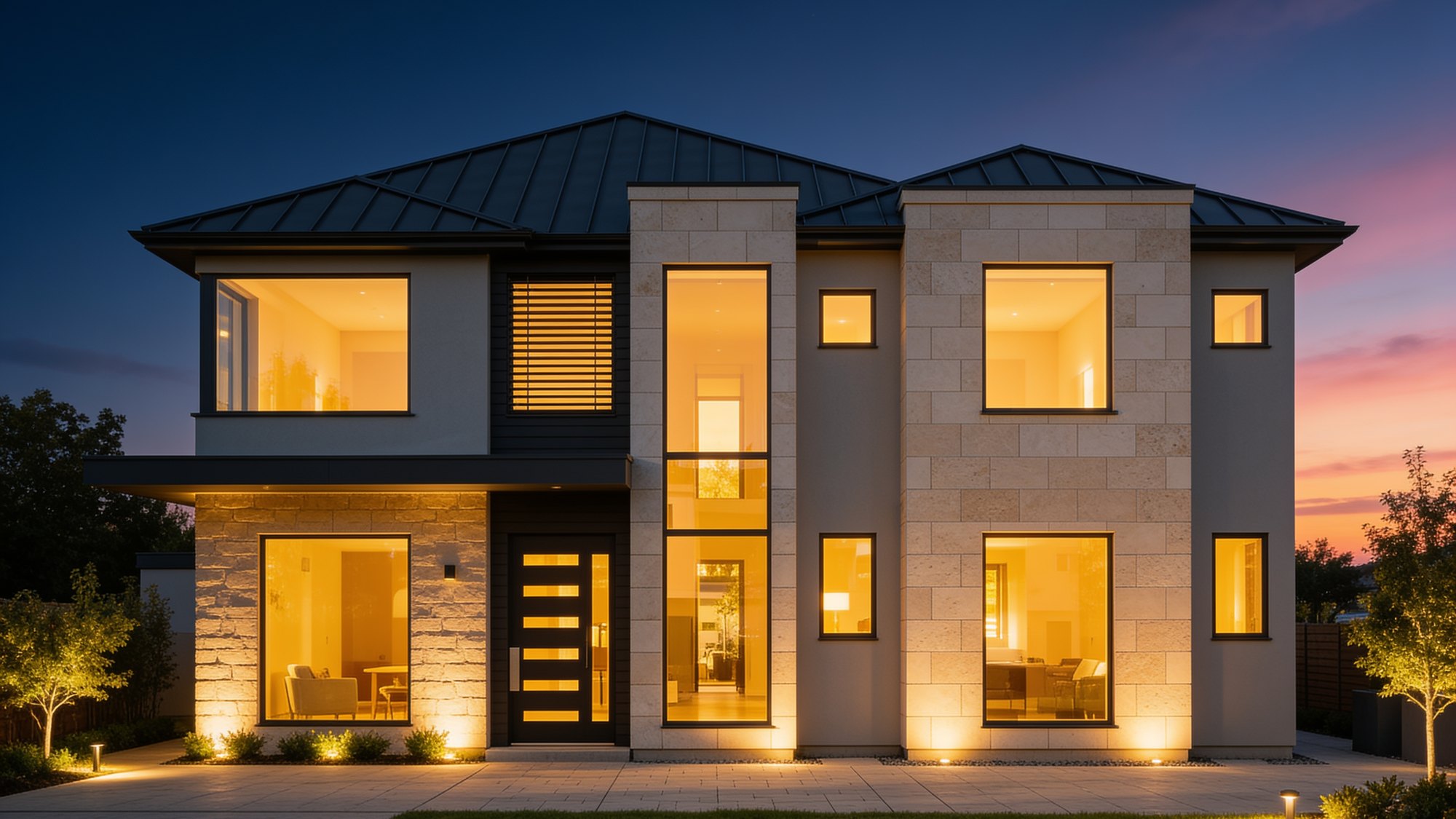 A modern luxury home in Ventanas at dusk, its tall windows glowing warm against a deep blue sky
