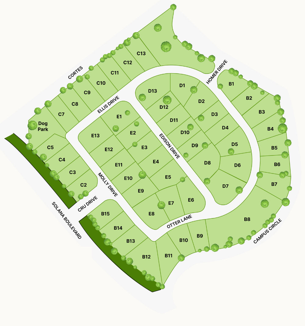 Ventanas Westlake site plan showing 52 homesites across Blocks B, C, D, and E, streets including Ellis Drive, Molly Drive, Edison Drive, Homer Drive, Otter Lane, Cru Drive and Cortes, a dog park, and frontage on Solana Boulevard and Campus Circle